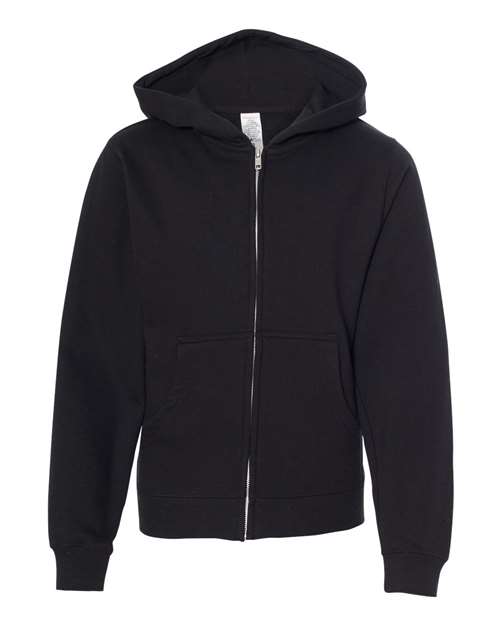 Youth Midweight Full-Zip Hooded Sweatshirt - Black Front