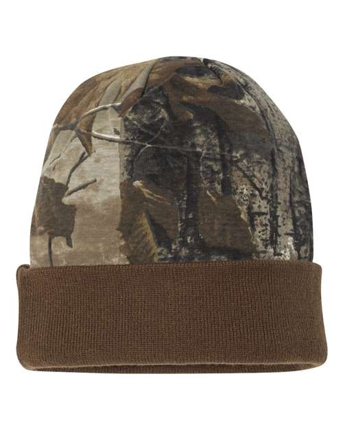 12" Licensed Camo Cuffed Beanie - Realtree AP/ Brown Back