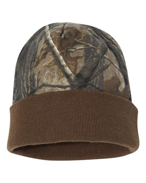 12" Licensed Camo Cuffed Beanie - Realtree AP/ Brown Front