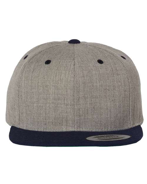 Premium Flat Bill Snapback Cap - Heather Grey/ Navy Front