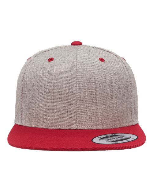 Premium Flat Bill Snapback Cap - Heather Grey/ Red Front