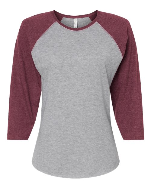 Women's Baseball Fine Jersey Three-Quarter Sleeve Tee - Vintage Heather/ Vintage Burgundy Front