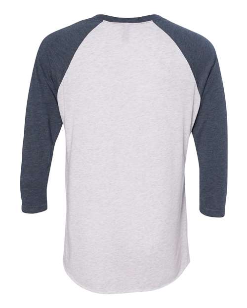 Unisex Triblend Three-Quarter Raglan T-Shirt - Indigo Sleeves/ Heather White Body Back