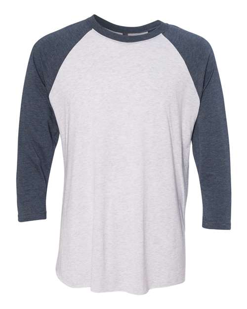 Unisex Triblend Three-Quarter Raglan T-Shirt - Indigo Sleeves/ Heather White Body Front