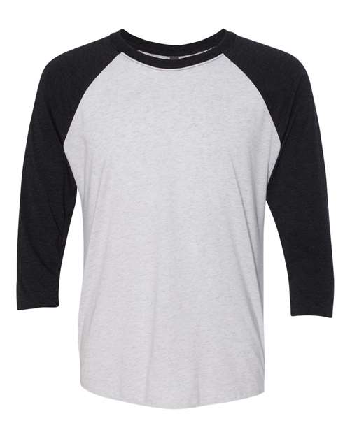 Unisex Triblend Three-Quarter Raglan T-Shirt - Vintage Black Sleeves/ Heather White Body Front