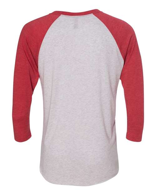 Unisex Triblend Three-Quarter Raglan T-Shirt - Vintage Red Sleeves/ Heather White Body Back