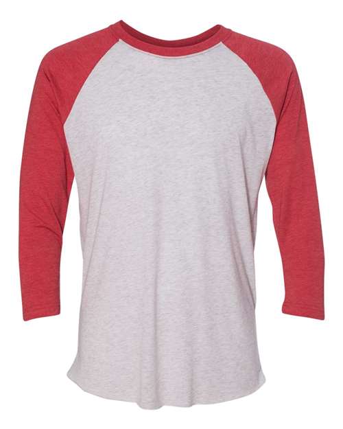 Unisex Triblend Three-Quarter Raglan T-Shirt - Vintage Red Sleeves/ Heather White Body Front