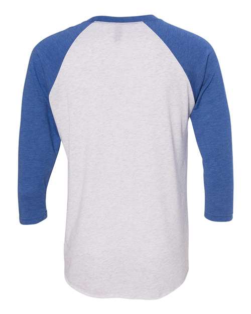 Unisex Triblend Three-Quarter Raglan T-Shirt - Vintage Royal Sleeves/ Heather White Body Back