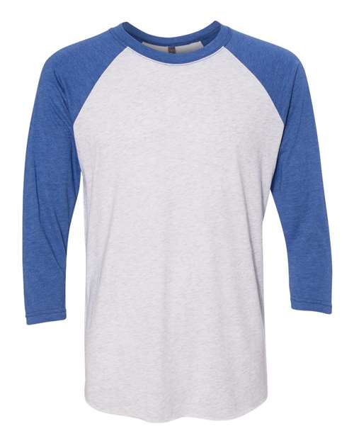 Unisex Triblend Three-Quarter Raglan T-Shirt - Vintage Royal Sleeves/ Heather White Body Front