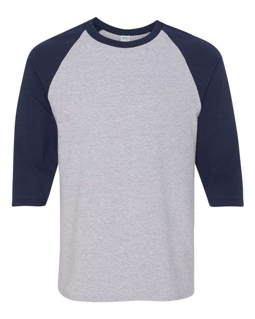 Unisex Heavy Cotton™ Raglan Three-Quarter Sleeve T-Shirt - Sport Grey/ Navy Front