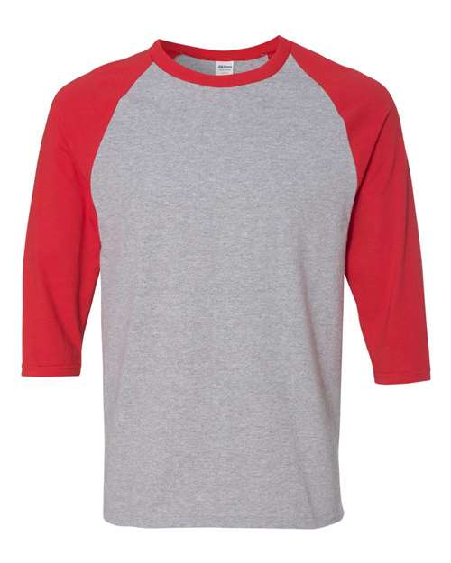 Unisex Heavy Cotton™ Raglan Three-Quarter Sleeve T-Shirt - Sport Grey/ Red Front
