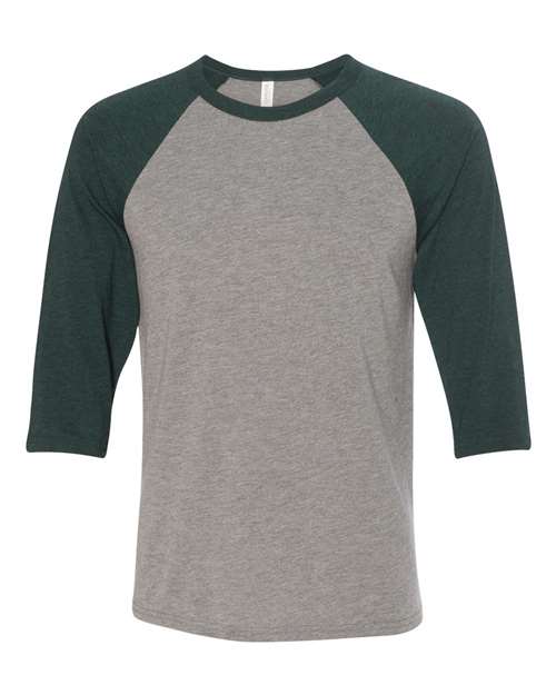 Unisex Three-Quarter Sleeve Baseball Tee - Grey/ Emerald Triblend Front