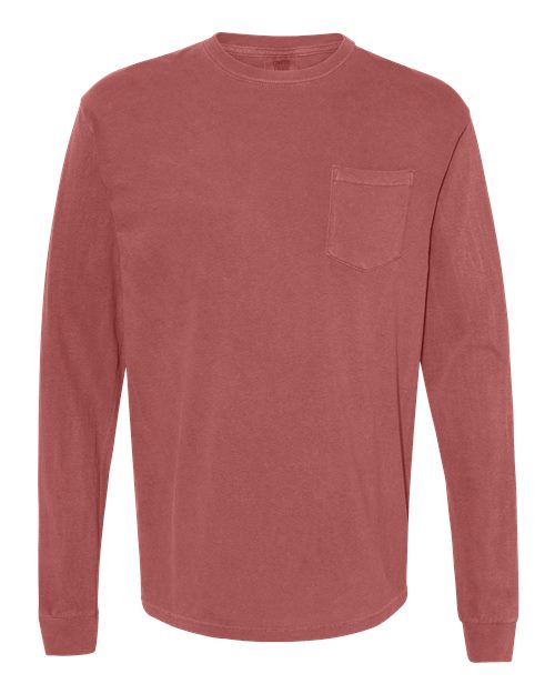 Unisex Garment-Dyed Heavyweight Long Sleeve Pocket T-Shirt - Brick Front