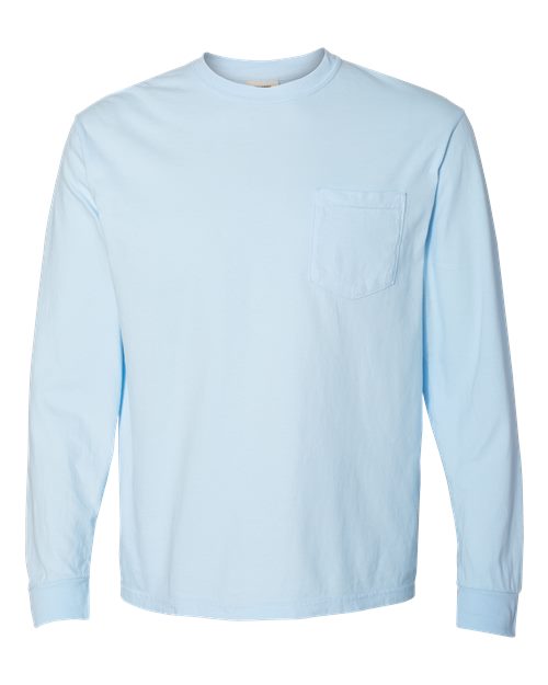 Unisex Garment-Dyed Heavyweight Long Sleeve Pocket T-Shirt - Chambray Front