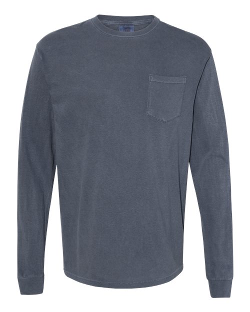 Unisex Garment-Dyed Heavyweight Long Sleeve Pocket T-Shirt - Denim Front
