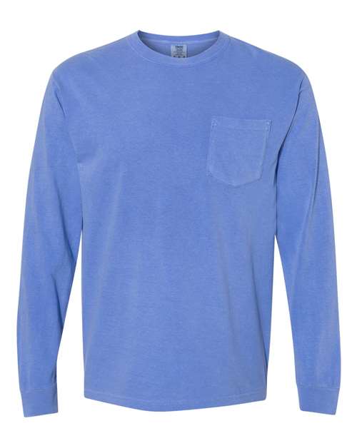 Unisex Garment-Dyed Heavyweight Long Sleeve Pocket T-Shirt - Flo Blue Front