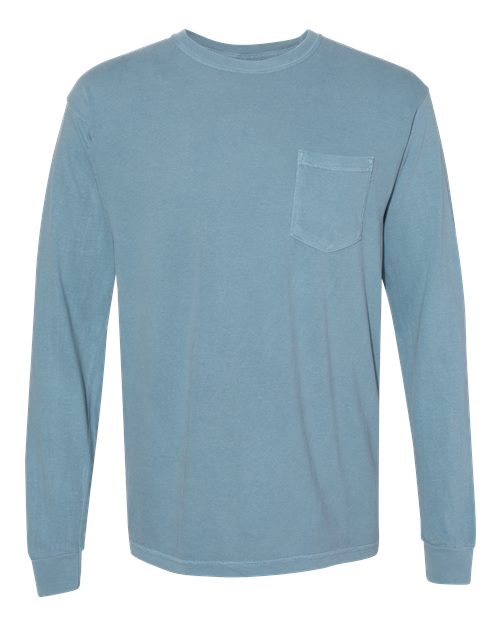 Unisex Garment-Dyed Heavyweight Long Sleeve Pocket T-Shirt - Ice Blue Front