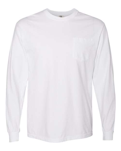 Unisex Garment-Dyed Heavyweight Long Sleeve Pocket T-Shirt - White Front