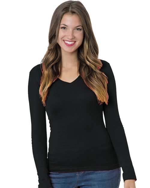 Women's USA-Made Deep V-Neck Long Sleeve T-Shirt - Heather Red Front