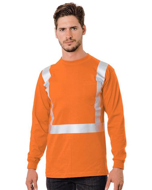 Unisex USA-Made 50/50 Hi-Visibility Long Sleeve Pocket T-Shirt - Safety Green Front