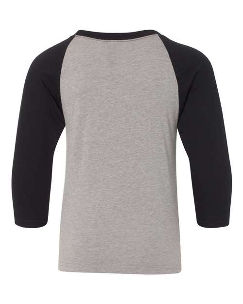Youth CVC Three-Quarter Sleeve Raglan T-Shirt - Black Sleeves/ Dark Heather Grey Body Back