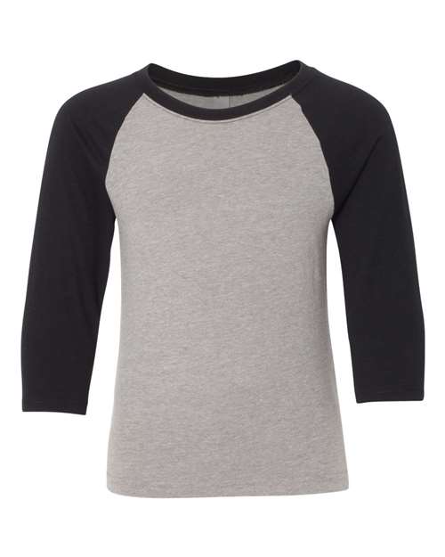 Youth CVC Three-Quarter Sleeve Raglan T-Shirt - Black Sleeves/ Dark Heather Grey Body Front