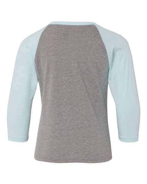 Youth CVC Three-Quarter Sleeve Raglan T-Shirt - Ice Blue Sleeves/ Dark Heather Grey Body Back