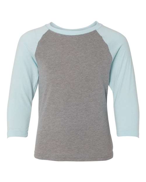 Youth CVC Three-Quarter Sleeve Raglan T-Shirt - Ice Blue Sleeves/ Dark Heather Grey Body Front