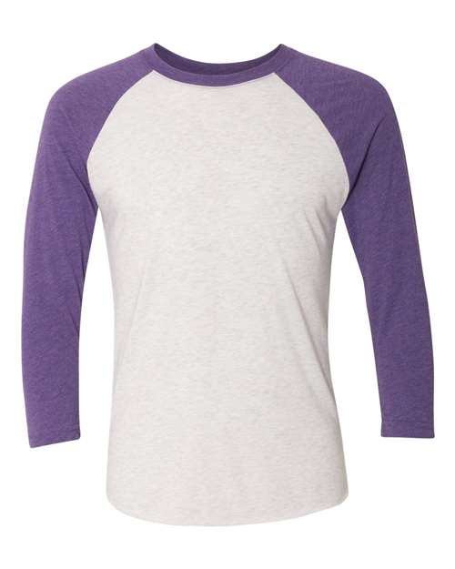 Unisex Triblend Three-Quarter Raglan T-Shirt - Purple Rush Sleeves/ Heather White Body Front
