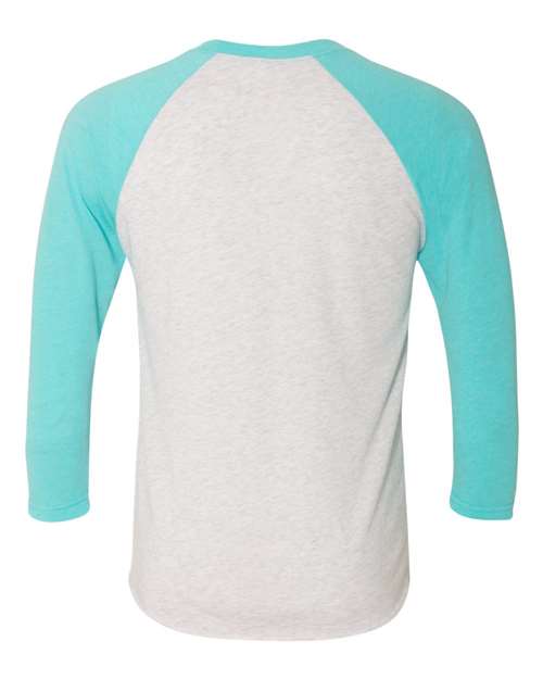 Unisex Triblend Three-Quarter Raglan T-Shirt - Tahiti Blue Sleeves/ Heather White Body Back