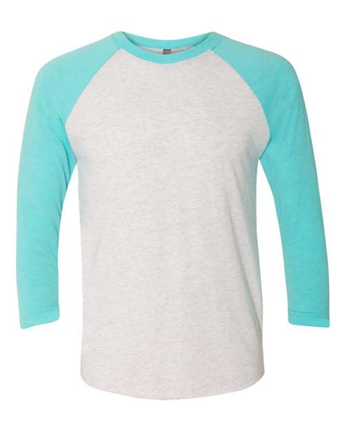 Unisex Triblend Three-Quarter Raglan T-Shirt - Tahiti Blue Sleeves/ Heather White Body Front