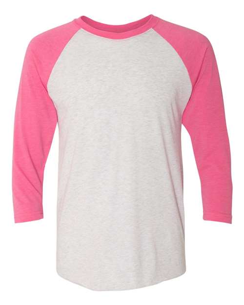 Unisex Triblend Three-Quarter Raglan T-Shirt - Vintage Pink Sleeves/ Heather White Body Front
