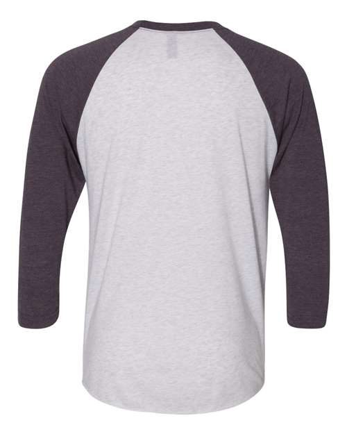 Unisex Triblend Three-Quarter Raglan T-Shirt - Vintage Purple Sleeves/ Heather White Body Back