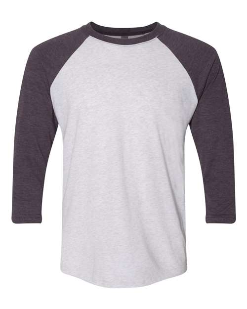 Unisex Triblend Three-Quarter Raglan T-Shirt - Vintage Purple Sleeves/ Heather White Body Front