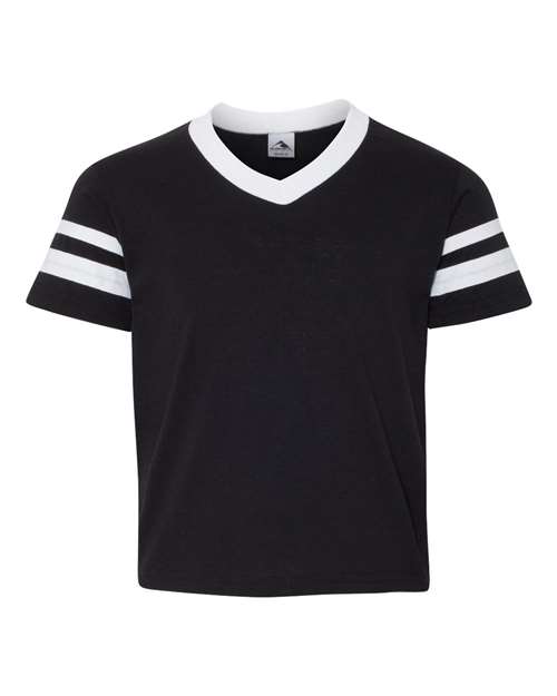 Youth V-Neck Jersey with Striped Sleeves - Black/ White Front