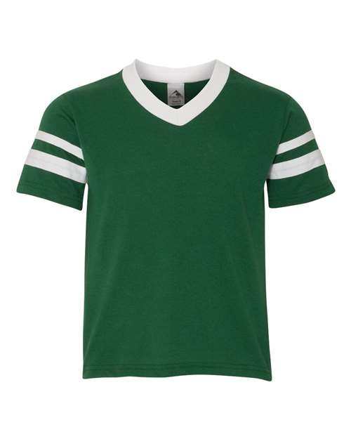 Youth V-Neck Jersey with Striped Sleeves - Dark Green/ White Front