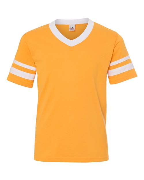 Youth V-Neck Jersey with Striped Sleeves - Gold/ White Front