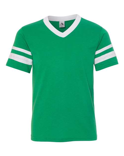 Youth V-Neck Jersey with Striped Sleeves - Kelly/ White Front