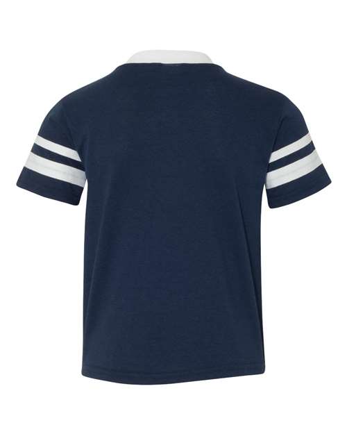 Youth V-Neck Jersey with Striped Sleeves - Navy/ White Back