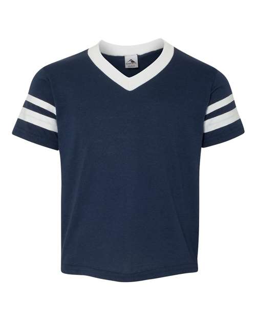Youth V-Neck Jersey with Striped Sleeves - Navy/ White Front