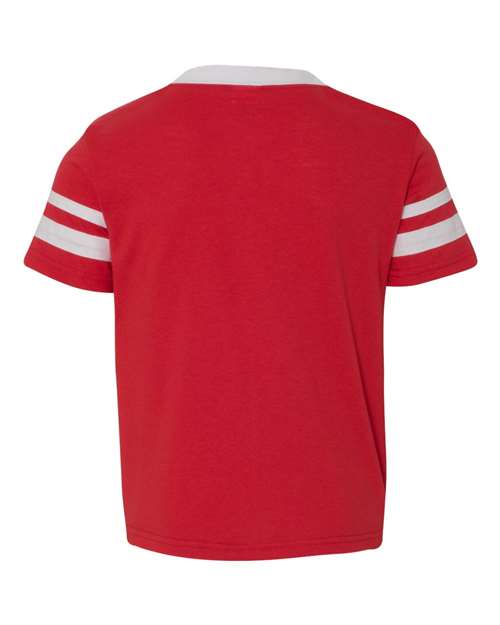 Youth V-Neck Jersey with Striped Sleeves - Red/ White Back