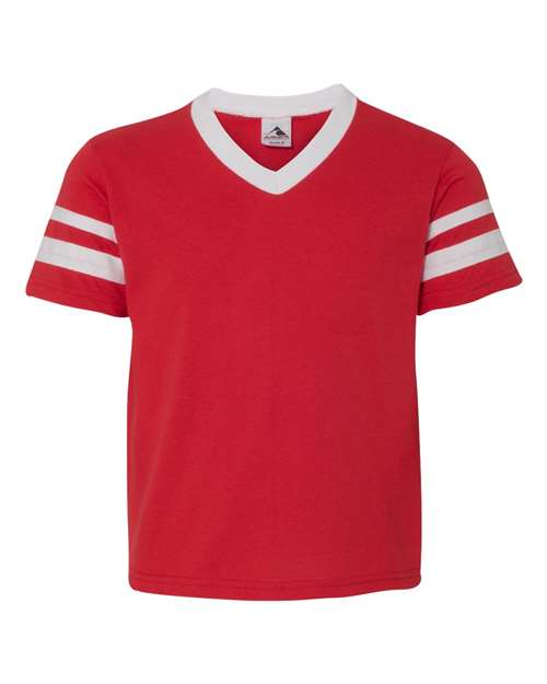 Youth V-Neck Jersey with Striped Sleeves - Red/ White Front