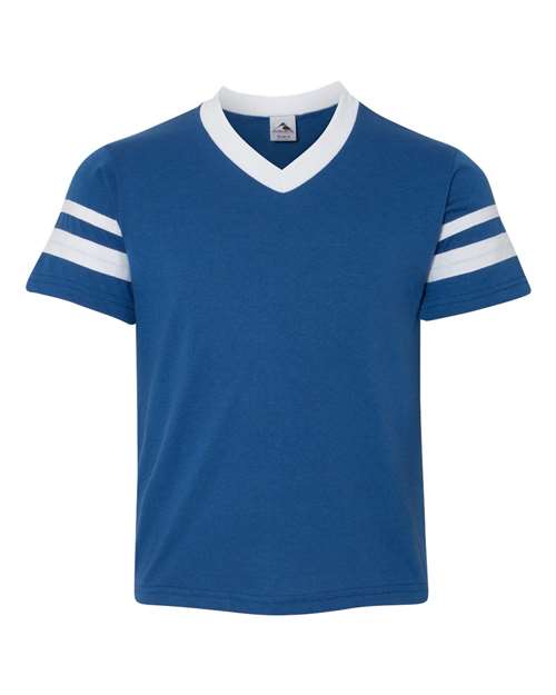 Youth V-Neck Jersey with Striped Sleeves - Royal/ White Front