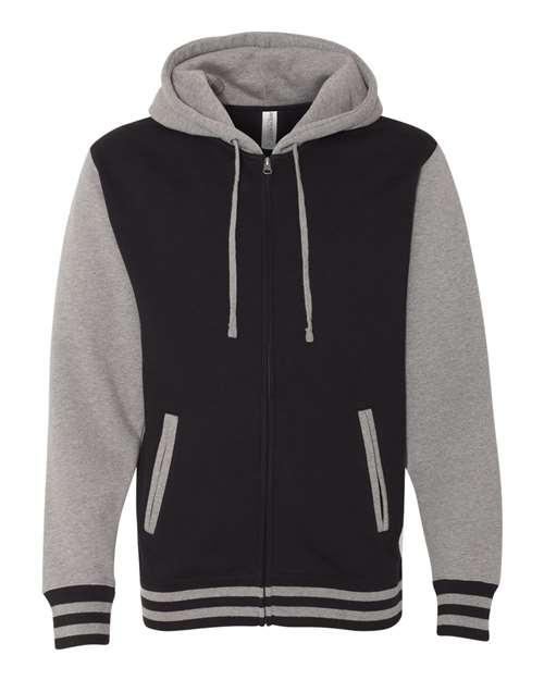 Unisex Heavyweight Varsity Full-Zip Hooded Sweatshirt - Black/ Gunmetal Heather Front
