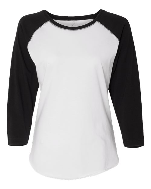 Women's Baseball Fine Jersey Three-Quarter Sleeve Tee - White Solid/ Black Front
