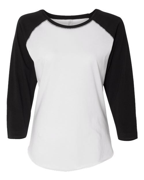 LAT Women's Baseball Fine Jersey Three-Quarter Sleeve Tee - White Solid/ Black Front