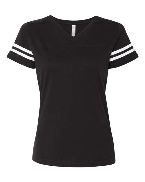 Women's Football V-Neck Fine Jersey Tee - Black Solid/ White Front