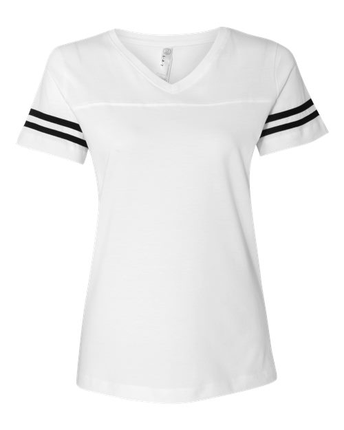 Women's Football V-Neck Fine Jersey Tee - White Solid/ Black Front