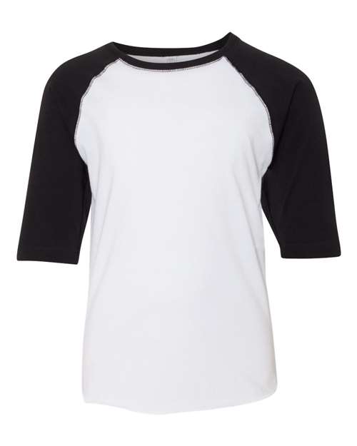 Youth Baseball Fine Jersey Three-Quarter Sleeve Tee - White Solid/ Black Front