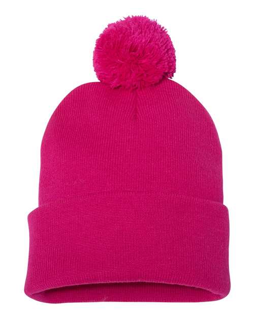 12" Pom-Pom Cuffed Beanie - Neon Fuchsia Back